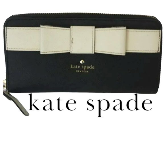 kate spade Handbags - Kate Spade Black Zip Saffiano Cow Leather Wallet With Almond Color Bow